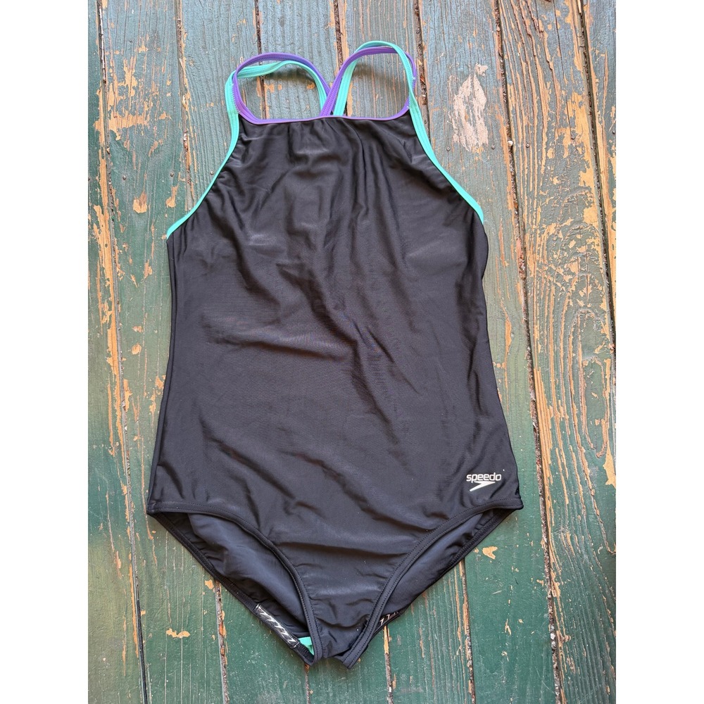 Speedo Womens One Piece Swimsuit Black Teal Purple Crossback Size 16 High Neck